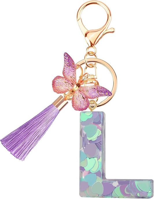 Suweibuke Colourful Cute Initial Letter Keychains for Women Girls with Tassel Butterfly, Charm for Purse Handbags Backpacks