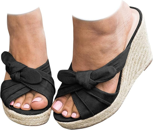 Womens Espadrilles Wedge Sandals Slides Platform Slip on Bow Knot Open Toe Summer Mules Shoes