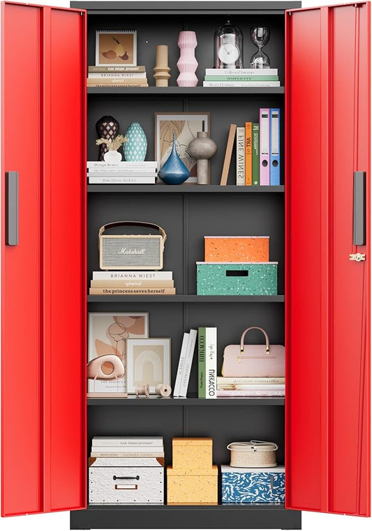 Greenvelly 63" H Metal Storage Cabinet Black Red, Locking Metal Cabinet, Store Tools, Clothes, Tableware and Toiletries, Garage Cabinets with Adjustable Shelves for Office, Home, Garage, Pantry