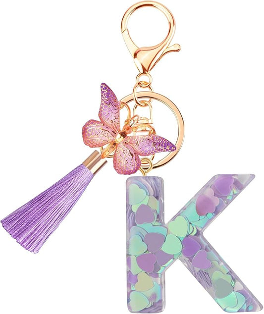Suweibuke Colourful Cute Initial Letter Keychains for Women Girls with Tassel Butterfly, Charm for Purse Handbags Backpacks