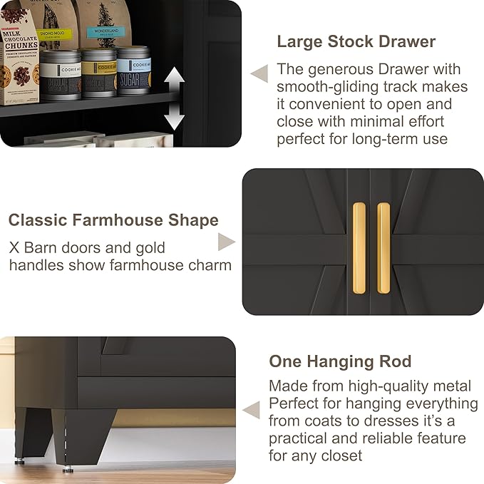 61H Metal Storage Cabinet with 2 Doors and Adjustable Shelves,Farmhouse Storage Cabinet with Barn Doors,Pantry Storage for Home,Office,Bathroom,Dining Room,Kitchen(Black)