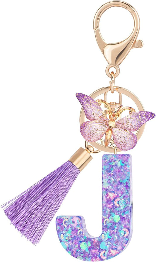Suweibuke Colourful Cute Initial Letter Keychains for Women Girls with Tassel Butterfly, Charm for Purse Handbags Backpacks
