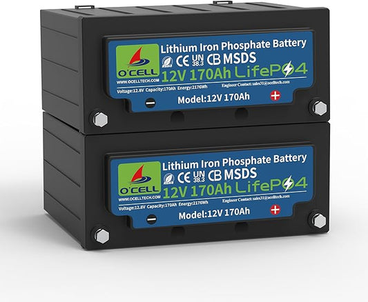 12V 170Ah LiFePO4 Battery with 200A BMS | 2560W Peak Power | 44lbs Lightweight | 15,000 Cycles | for RV/Marine/Solar – 2X Capacity vs 100Ah Lead Acid (2PCS 12V 170Ah)