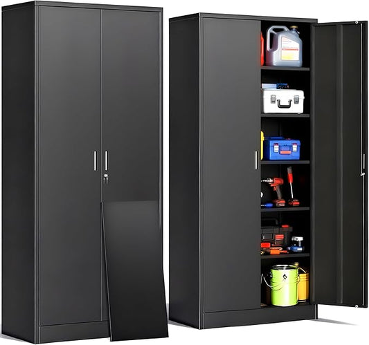 CJF Metal Storage Cabinet, 71" H Locking Cabinet with 5 Adjustable Shelves for Garage, Classroom, School, Home, Office, Pantry-Black