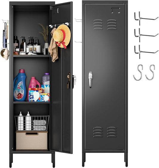 Aobabo Metal Locker, 54" H Metal Storage Locker for Employees, Lockable 1 Door with Towel Rack and 2 Side Pegboards with Hooks for School Office Gym Home, Assembly Required (Black)