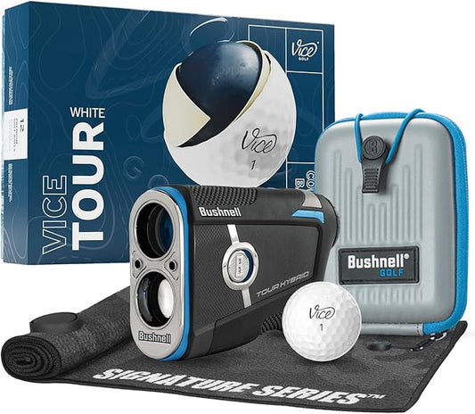 Bushnell Golf Tour Hybrid GPS Laser Rangefinder with Vice Balls | Slope Compensation, Magnetic Mount, Front/Middle/Back Distance, 1300 YD Range, PinSeeker | Signature Series Golf Towel