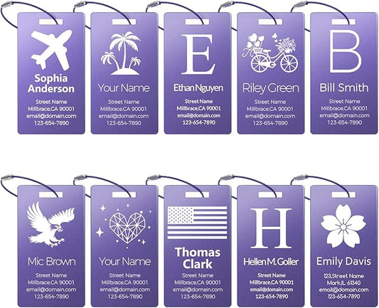 Personalized Metal Luggage Tags, Custom Suitcase Aluminum Name Tags with 5.9in Steel Ring, Laser Engraved Text and Logo, for Travel Gift, Baggage, Golf Bag (Purple)