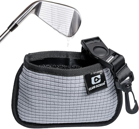 Club Scrub Mini, Golf Club and Golf Ball Cleaning Bag, Waterproof Clean Face Technology Liner, Detachable Clip, Machine Washable, Cleans Club Grooves, Dry Exterior (Gray)