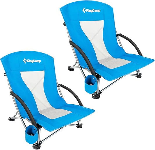 KingCamp Low Beach Chairs, Folding Portable Chair for Adults Lightweight Extra Wide Seat 300lbs Heavy Duty Oversized Backpack, Carry Bag for Camping