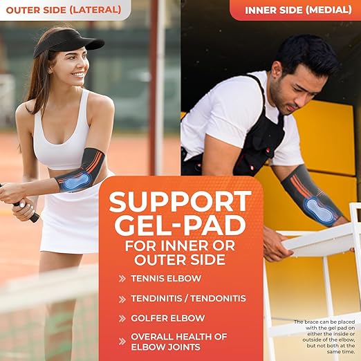 DR. BRACE® Elite Elbow Brace Support, Breathable Elbow Compression Sleeve with Gel Pad for Golfer's, Tennis Elbow & Tendonitis Treatment & Pain Relief 2024 (Grey-Orange, XX-Large)