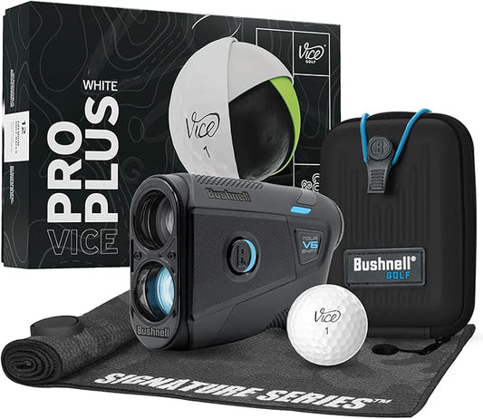 Bushnell Golf Tour V6 Shift Laser Rangefinder with Vice Balls | Slope Compensation, PinSeeker, Magnetic Mount, 1300 YD Range, 6X Magnification | Signature Series Golf Towel