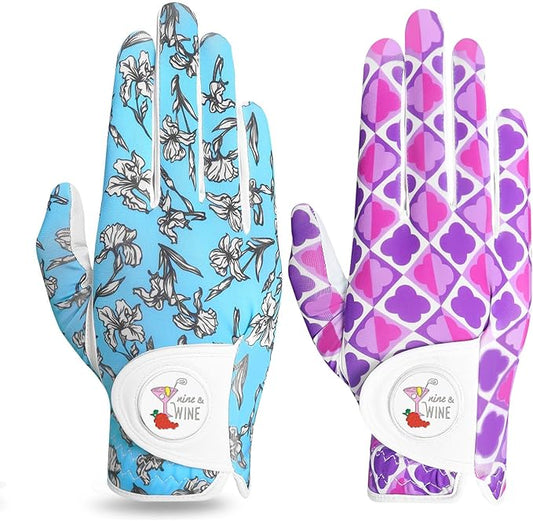 Golf Gloves Women with Ball Marker 2 Pack, Right Handed Golfer Left Hand, Ladies Breathable Soft All Weather Grip Glove Fit Size Small Medium Large XL