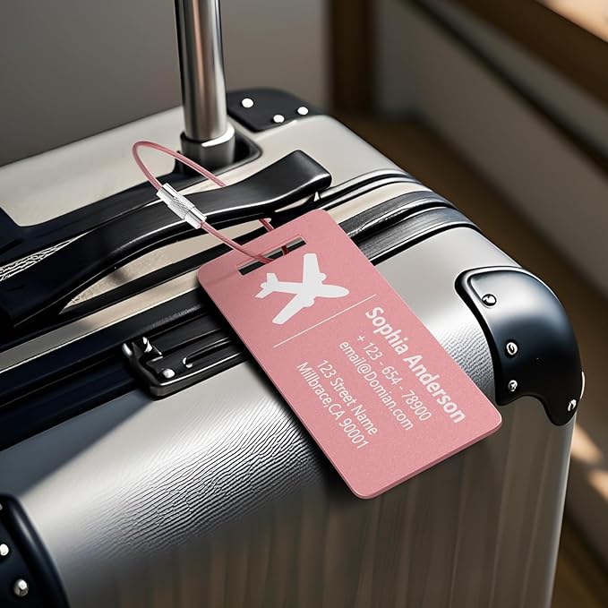10 Personalized Metal Luggage Tags, Custom Suitcase Aluminum Name Tags with Steel Ring, Laser Engraved Name and Logo, for Travel, Backpack, Baggage, Golf Bag (Pink)