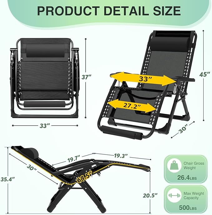 Suteck Oversized Zero Gravity Chair, 500LBS 33" XXL Reclining Lounge Chairs | - Image 3