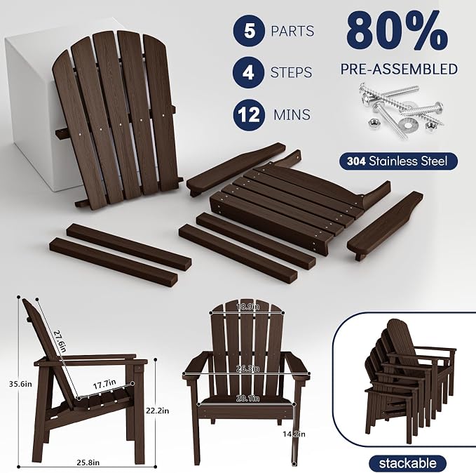 Stackable Adirondack Chairs Set of 2, Compact HDPE, Coffee | 26.3" Wide HDPE - Image 6