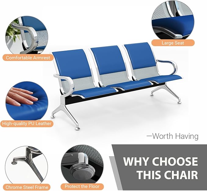 Kinfant Blue 5-Seat Waiting Room Chairs with Arms – Heavy-Duty Steel Frame PU Leather Back & Cushioned Seat, Ergonomic Office Reception Guest Chair for Lobby, Clinic, Airport