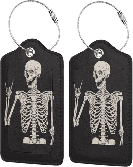 2 Pack Skull Rock and Roll Luggage Tags for Suitcases, Cool Leather Luggage Tag for Travel, Bag Tag Privacy Name ID Card Bag Labels for Friends Adults Kids Tourists