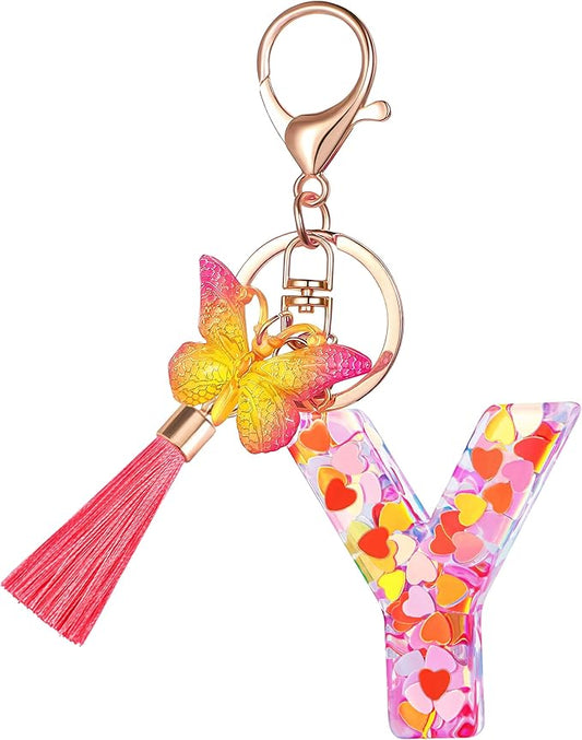Suweibuke Colourful Cute Initial Letter Keychains for Women Girls with Tassel Butterfly, Charm for Purse Handbags Backpacks
