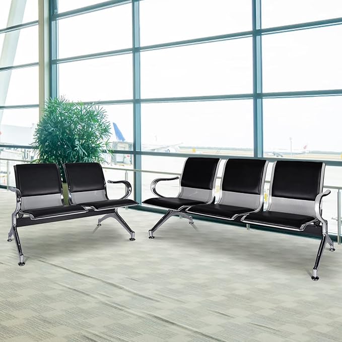 5-Seat Waiting Room Chairs Sofa Furniture - Waiting Room Bench with Arms Airport Reception Bench Guest Reception Chairs PU Leather Office Chair for Market Bank Hospital School Barbersho, Black