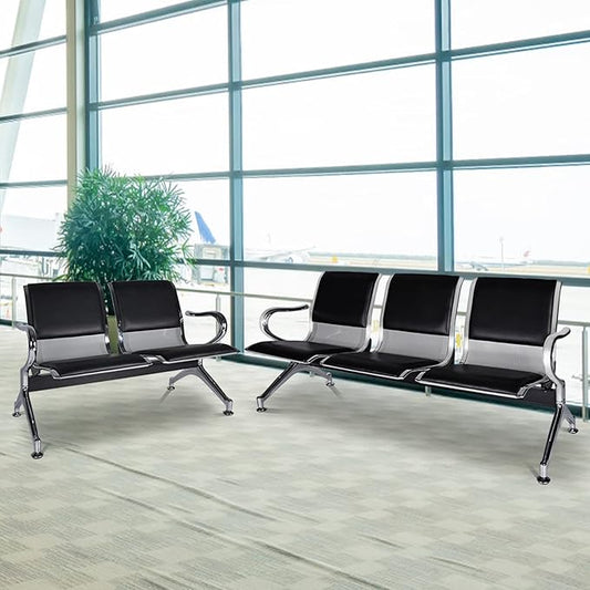 5-Seat Waiting Room Chairs Sofa Furniture - Waiting Room Bench with Arms Airport Reception Bench Guest Reception Chairs PU Leather Office Chair for Market Bank Hospital School Barbersho, Black