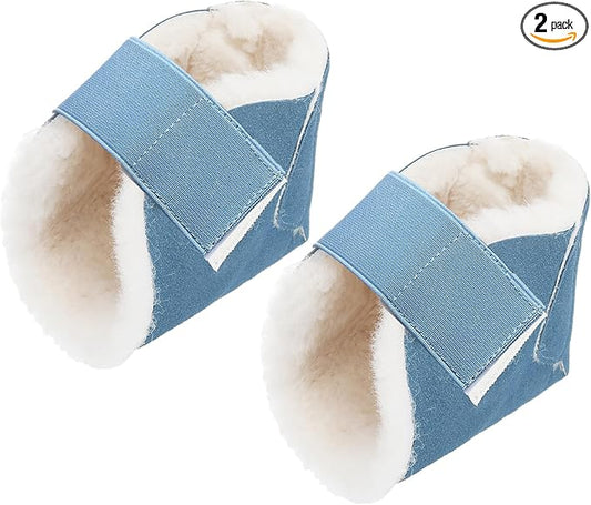 2 Pcs Heel Protectors for Pressure Sores Sheepskin Heel Pads Soft Foot Cushions Pad Protectors Adjustable Foot Pillows with Securing Strap for Bed Sore Ankle Ulcers(Light Blue)