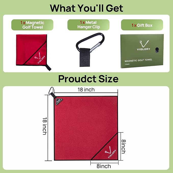 Magnetic Golf Towel for Bag 18" x 18" with Clip Exclusive Cleaning Pocket Microfiber Waffle Ultra Absorbent Club Ball Cleaner Essential Golf Accessories and Gifts for Men Women(Red 1 Pack)