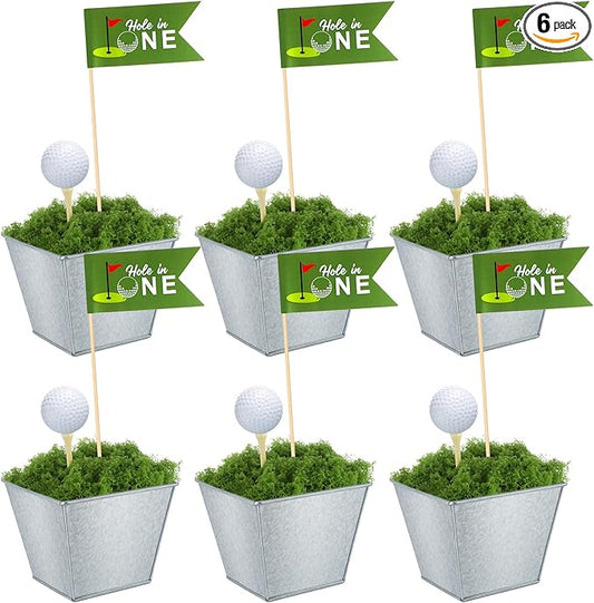 6 Set Golf Party Table Decorations Kit Party Supplies Includes Mini Golf Iron Bucket White Artificial Moss Lawn Flag Centerpiece Wooden Peg for Birthday Sport Themed Desk Rugby Favor (Square)