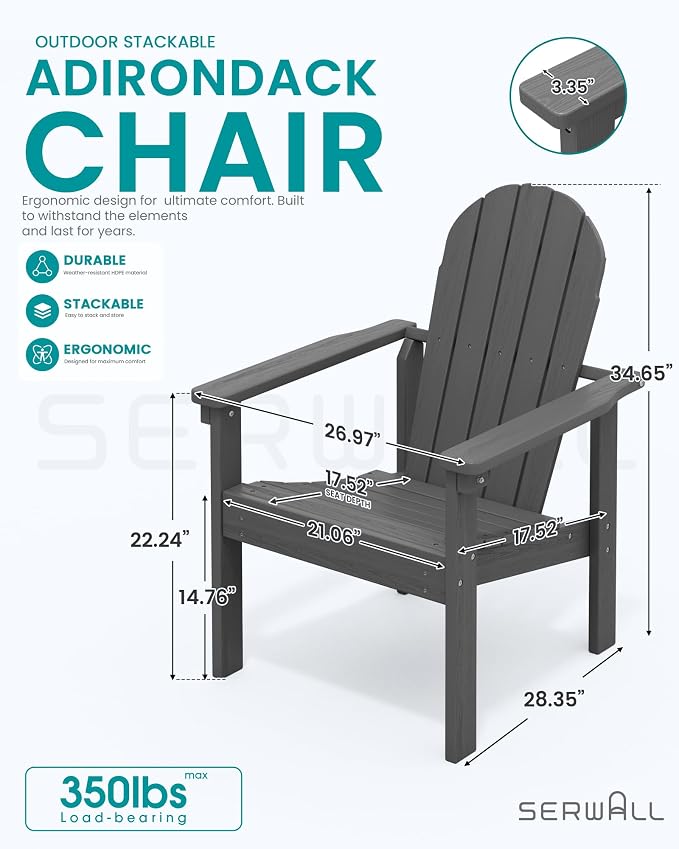 SERWALL HDPE Stackable Adirondack Chairs Set of 2, Space-Saving - Image 3
