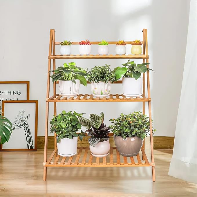 Ufine Bamboo Ladder Plant Stand 3 Tier Foldable Flower Pot Display Shelf | - Image 3
