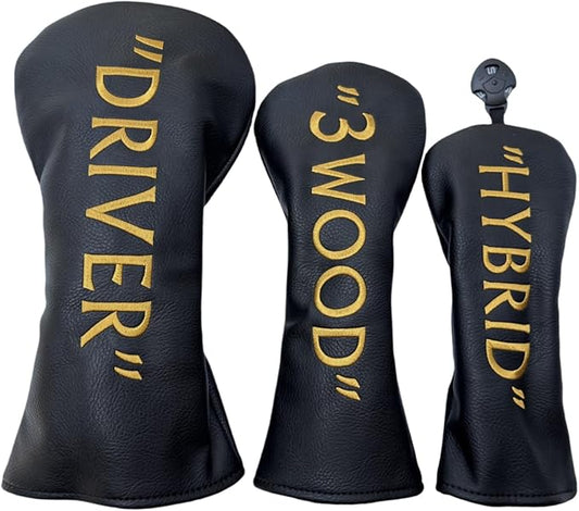 Golf Club Headcover 3 Wood Headcover Black n Gold Premium PU Leather Driver #3 Fairway Wood Hybrid Wood Head Cover Fits for All Brand