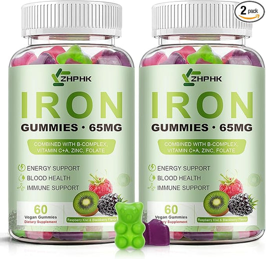 Iron Gummies for Women Men Vitamin Supplement 65mg & Vitamin C 250mg Per Serving with B6 B12 Folate- Energy Support for Iron Deficiency, Anemia, Vegan Raspberry Kiwi & Blackberry Flavor, 120 Gummies