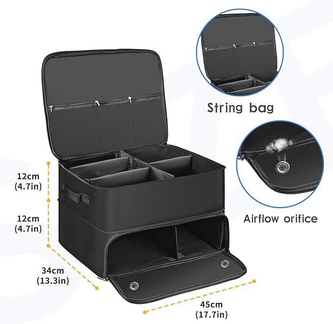 Golf Trunk Organizer for Car, Foldable Golf Storage Box with Ventilated Shoe Compartment, Holds 2 Pair Shoes, Balls, Cap, Gloves, Clothes 17.7x13.3x9.4 inch Car Organizer for Golf Gear (Black)