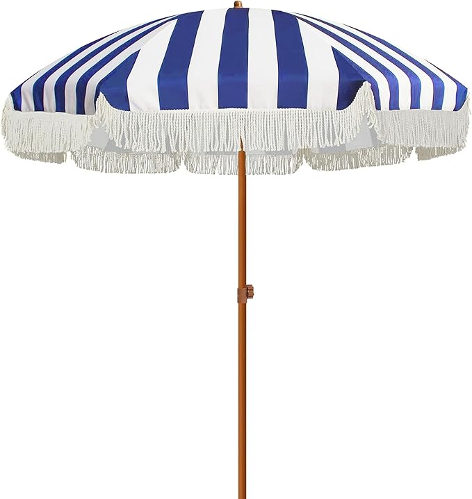 AMMSUN 7ft Patio Umbrella with Fringe Outdoor Tassel Umbrella UPF50+ Wood Color by AMMSUN