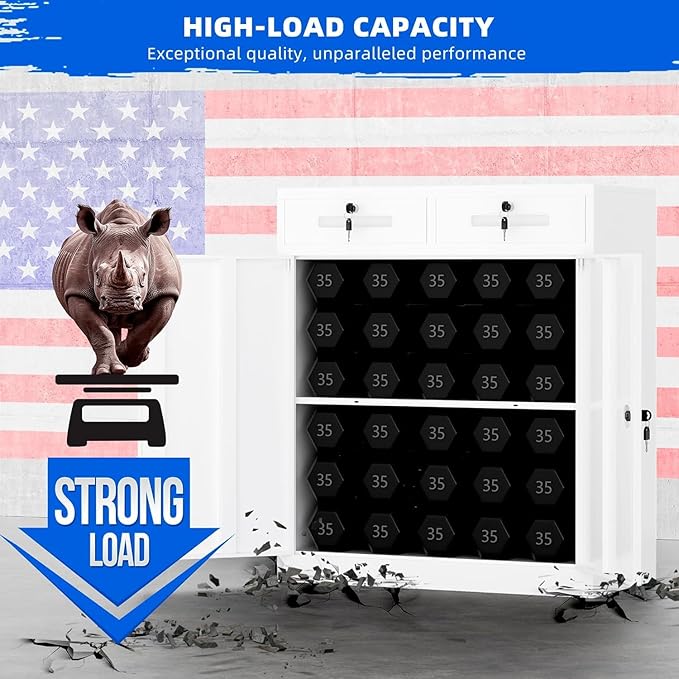INTERGREAT Metal Garage Storage Cabinet, 36" Locking Counter Cabinet with 2 Locking Doors and 2 Adjustable Shelves, Small Steel Cabinet for for Home Office, Gym, School(White)