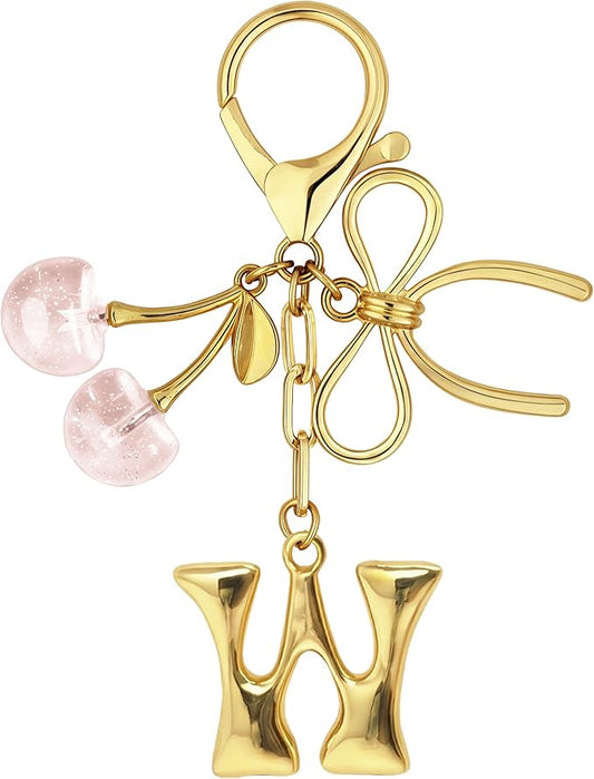 Gold Bubble Heart, Cherry, Bow & More Designs Letter Initial Keychain Bag Charms – Cute Purse Charms for Handbags