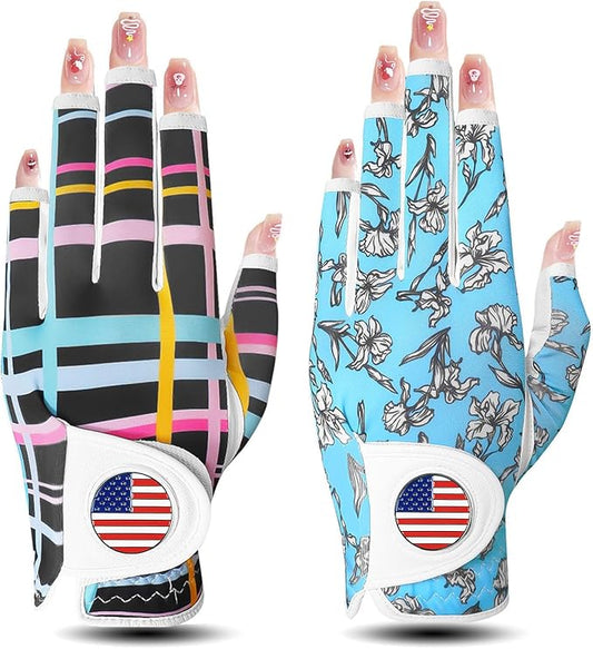 Golf Gloves Women with Ball Marker 2 Pack, Right Handed Golfer Left Hand, Ladies Breathable Soft All Weather Grip Glove Fit Size Small Medium Large XL