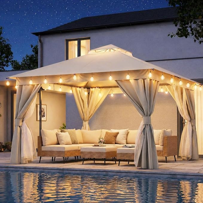 12'x12' Outdoor Gazebo with 100FT String Lights, Metal Heavy Duty Patio Canopy by LAUSAINTHOME