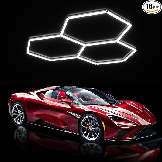 JTT Hexagon Garage Lights,16Pack 128W LED Garage Hexagon Lights,3 Grids 6500K Super Bright Car Detailing Ceiling LED Shop Light for Warehouse Workshop Gym Exhibition Hall Basement Car Care