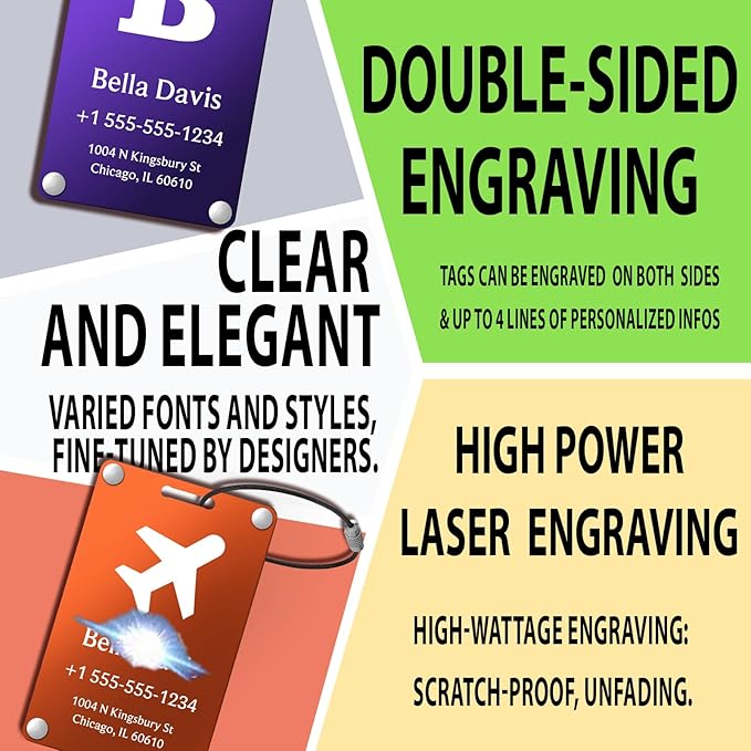 Luggage Tags for Suitcases 4 Pack: Personalized Luggage Tags for Backpacks & Bags Tags with Coustomizable Texts (Blue)