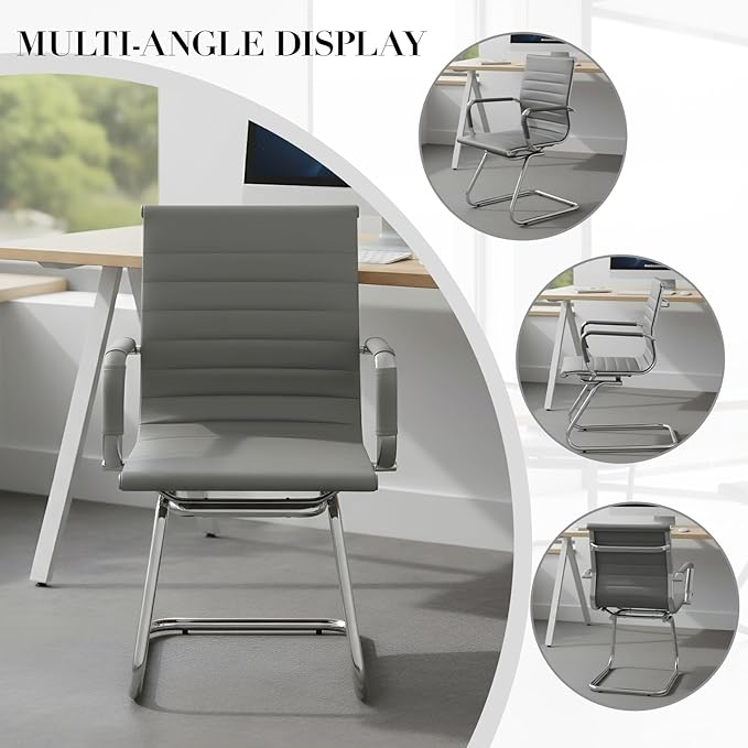 CIMOTA Waiting Room Chairs Set of 6 Leather Office Guest Chair Mid Back Reception Chairs with Sled Base for Meeting/Patient/Conference Room, Grey, 6PCS