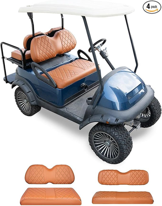 NOKINS 4PCS Golf Cart Seat Covers Kit, Front and Rear Seat Covers Fits Club Car Precedent Standard Seat Cushion, Club Car Vinyl Diamond Seat Covers Accessories, No Staples (All Brown)