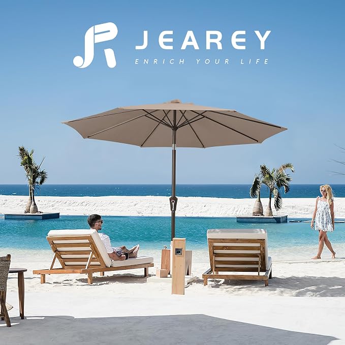 JEAREY 10 ft Outdoor Patio Umbrella w/Tilt and Crank, Tan | 8 Sturdy Ribs - Image 6