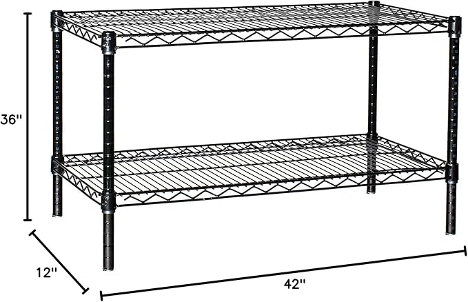 Omega Shelving Storage | 2 Tier Starter Shelving Unit 12" Deep x 42" Wide x 36" High - 800 lb Weight Capacity per Shelf, Adjustable Wire Shelving, Tool-Free Assembly |Black Shelving