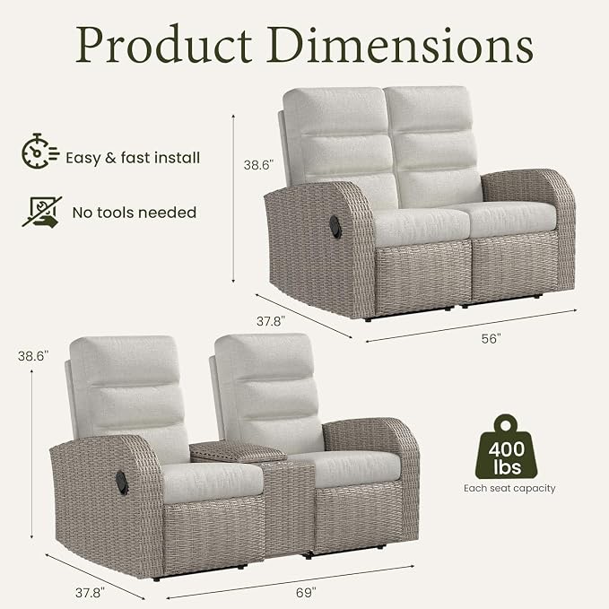 Oversized 2 Pieces Wicker Outdoor Recliner Loveseat - Image 2