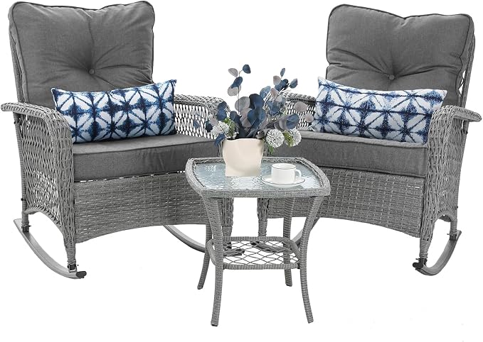 Patio Furniture Set 3 Pieces, Wicker Outdoor Rocking Bistro Set, Backyard or by VonzoyHome