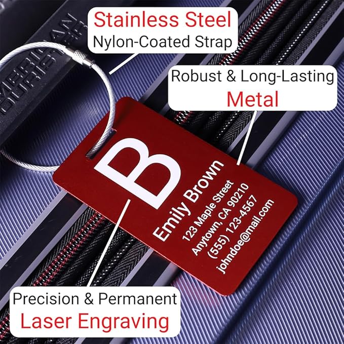 Personalized Luggage Tags for Suitcases 4 Pack – Custom Metal Name Tag for Travel, Golf Bag, and Baggage – Durable Aluminum Luggage Name Tags (Light Purple, Vertical)