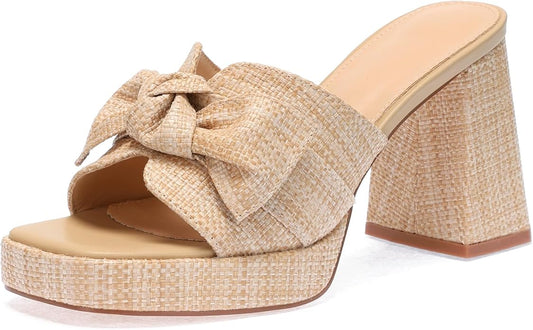 Monrovia Womens Sandals Heels for Women Slide On Block Chunky Platform High Heels Open Toe Raffia Wedge Sandals