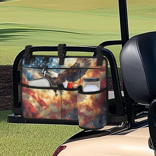 American Flag Golf Cart Bag, Golf Cart Rear Seat Organizer with Open Pockets for Golf Balls & Bottles