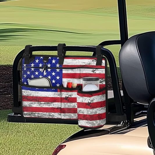 American Flag Golf Cart Bag, Golf Cart Rear Seat Organizer with Open Pockets for Golf Balls & Bottles