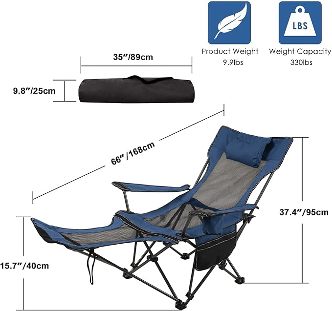LEADALLWAY Camping Folding Chair with Foot Rest, Collapsible Camp Chair with Cup Holder and Removable Storage Bag, Heavy Duty Beach Chair for Outdoor Camp, Picnic, Travel, Fishing